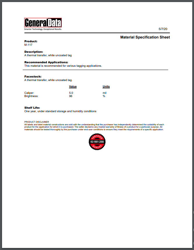 M-117 Material Spec Sheet