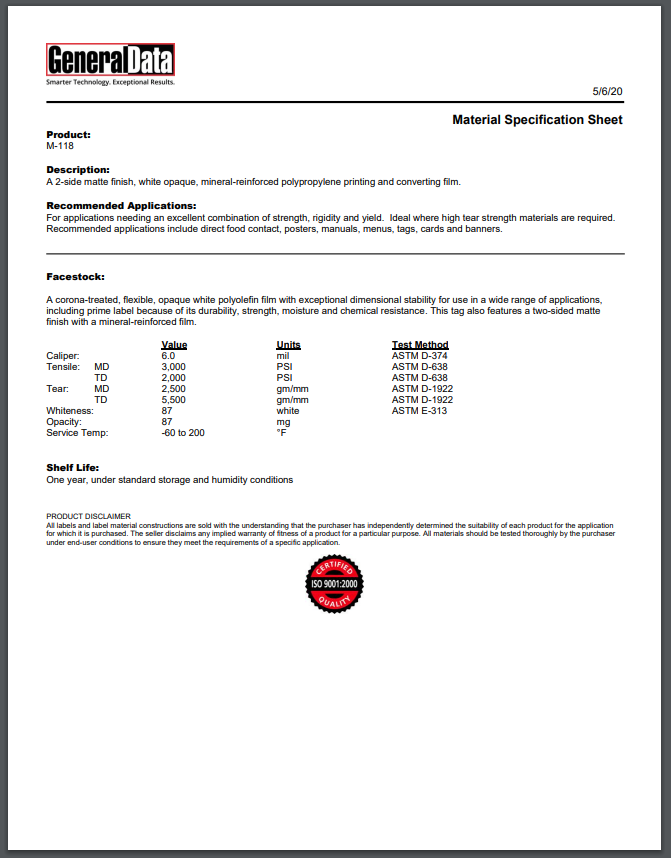 M-118 Material Specification Sheet 
