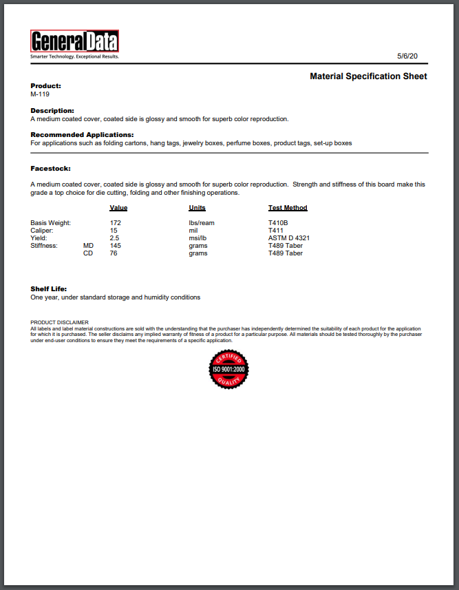 M-119 Material Specification Sheet 