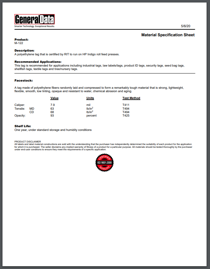 M-122 Material Specification Sheet 