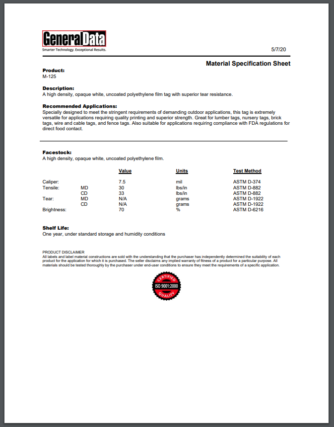 M-125 Material Spec Sheet