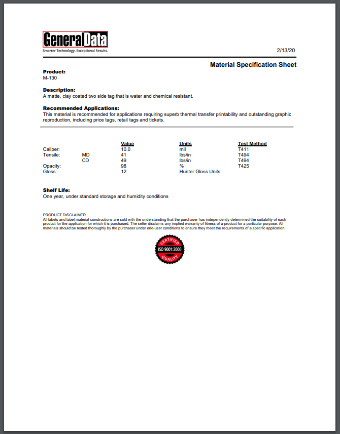 M-130 Material Spec Sheet