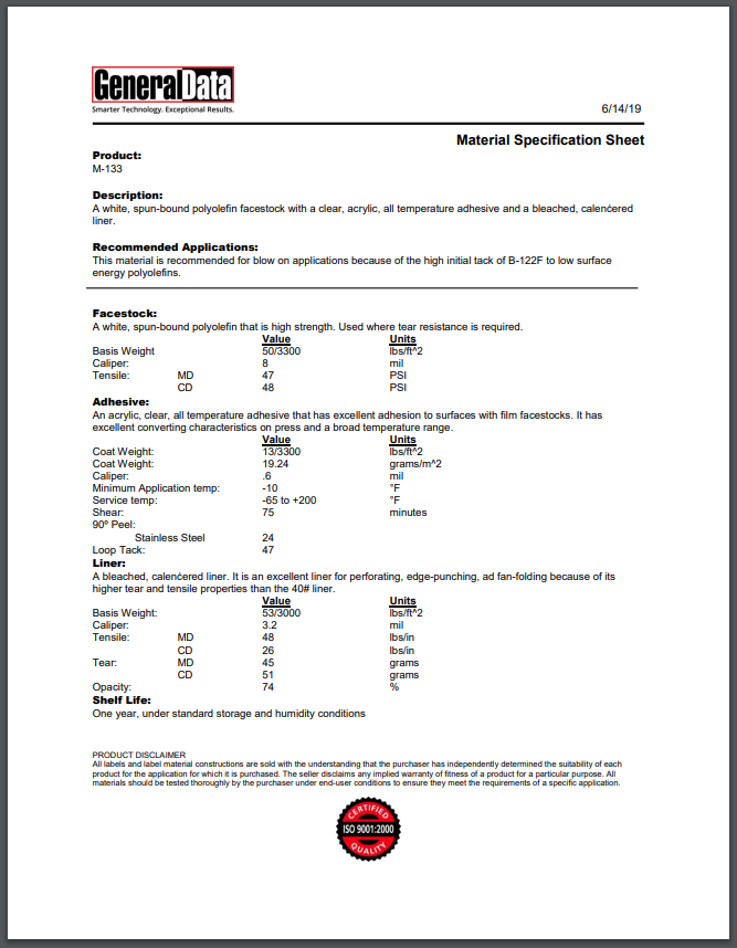 M-133 Material Spec Sheet