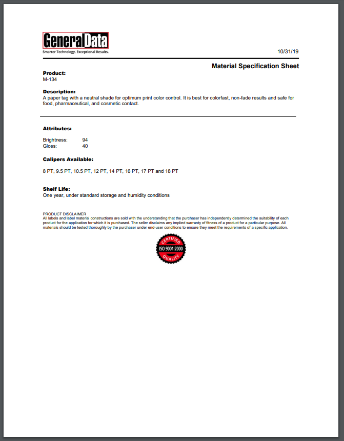 M-134 Material Spec Sheet