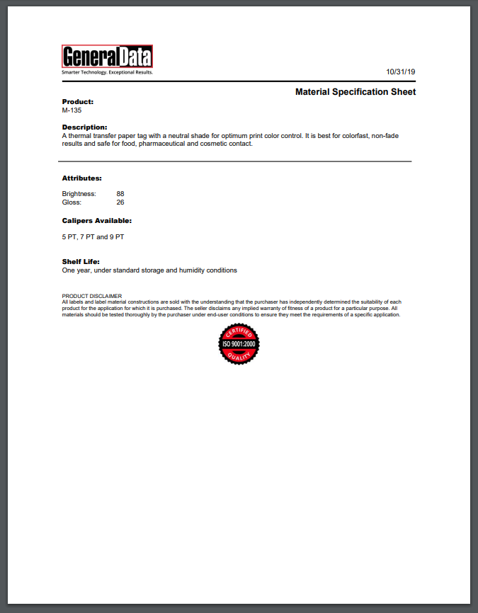 M-135 Material Spec Sheet