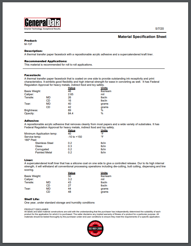 M-137 Material Spec Sheet