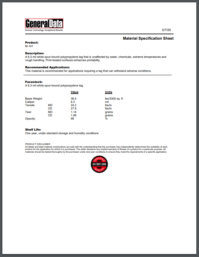 M-141 Material Spec Sheet.