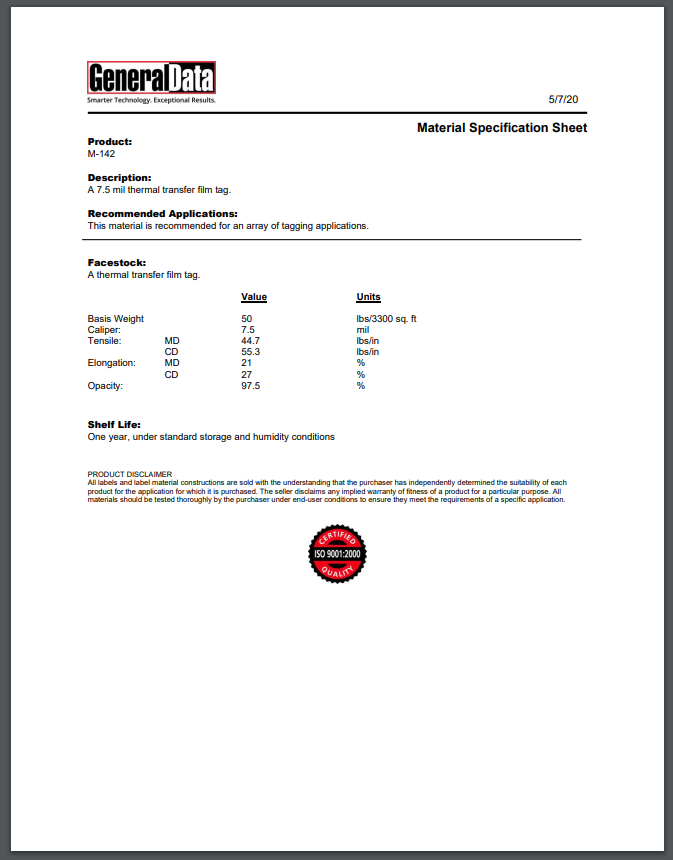 M-142 Material Spec Sheet