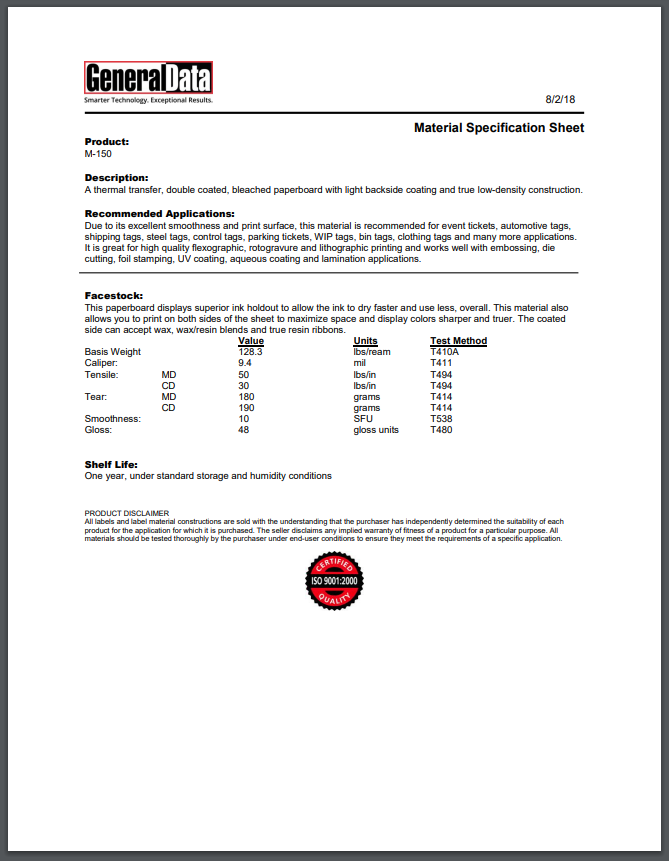 M-150 Material Specification Sheet