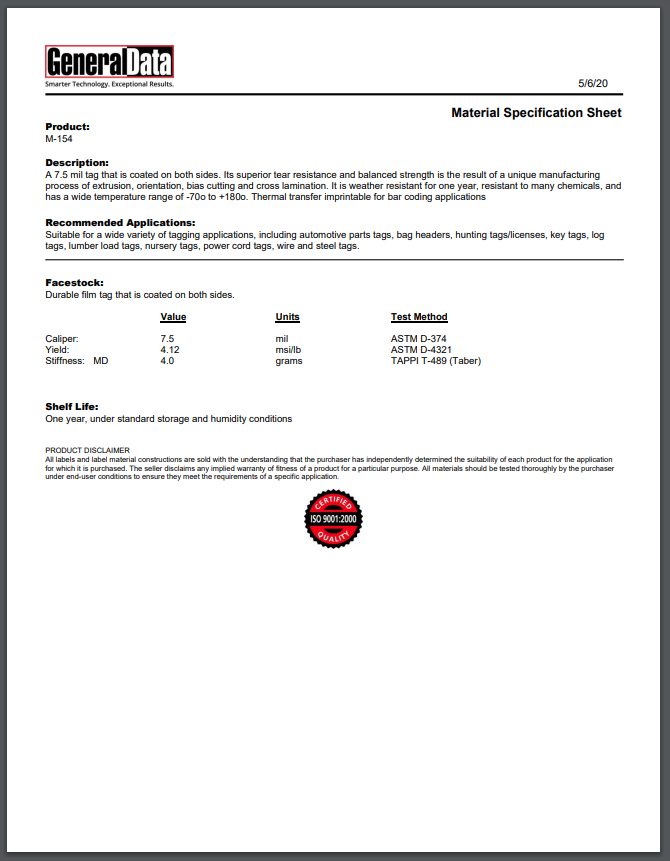 M-154 Material Specification Sheet