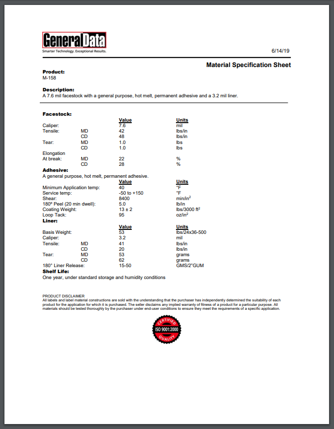 M-158 Material Specification Sheet