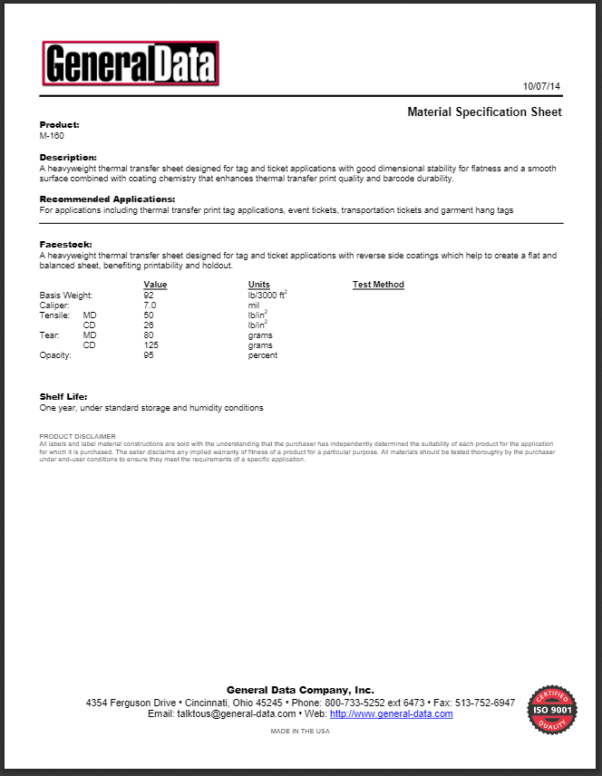 M-160 Material Specification Sheet