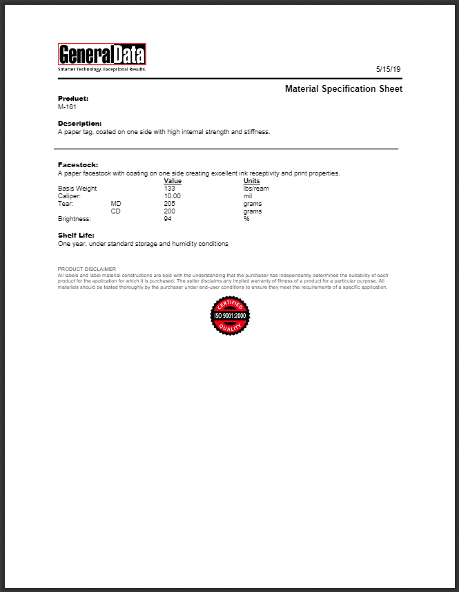 M-161 Material Specification Sheet
