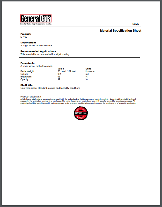 M-162 Material Specification Sheet