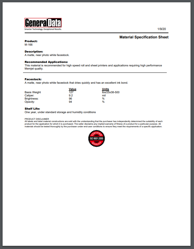 M-166 Material Specification Sheet