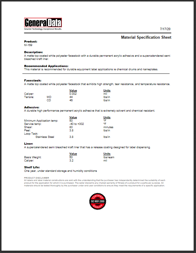 M-169 Material Specification Sheet
