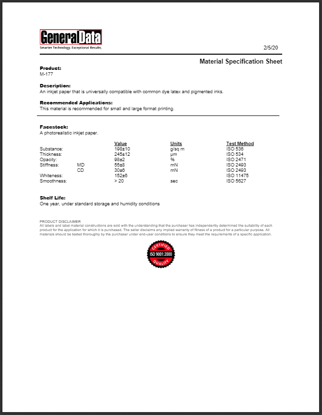 M-177 Material Specification Sheet