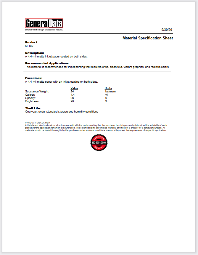 M-182 Material Specification Sheet