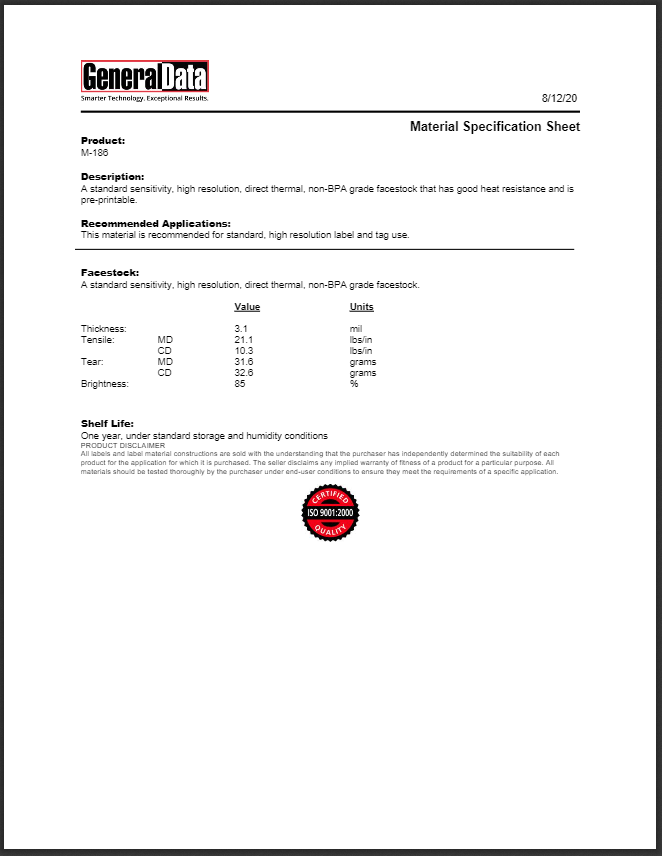 M-186 Material Specification Sheet