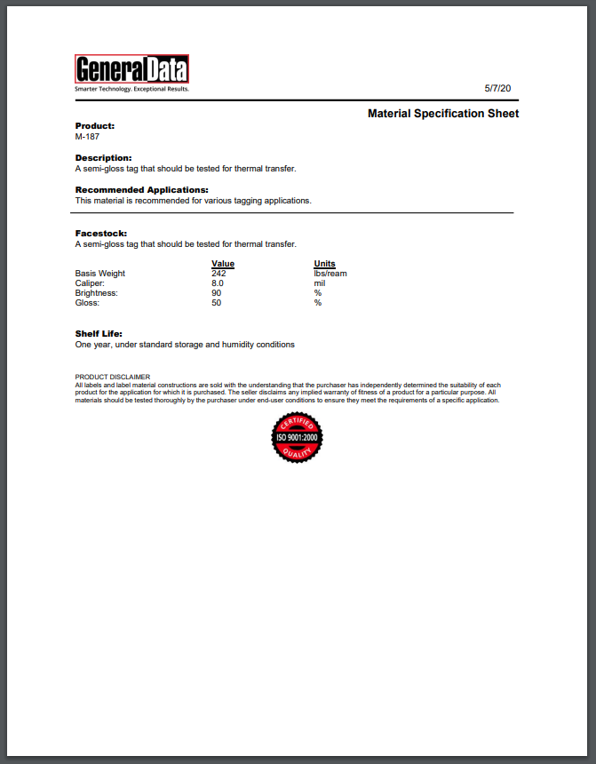 M-187 Material Specification Sheet