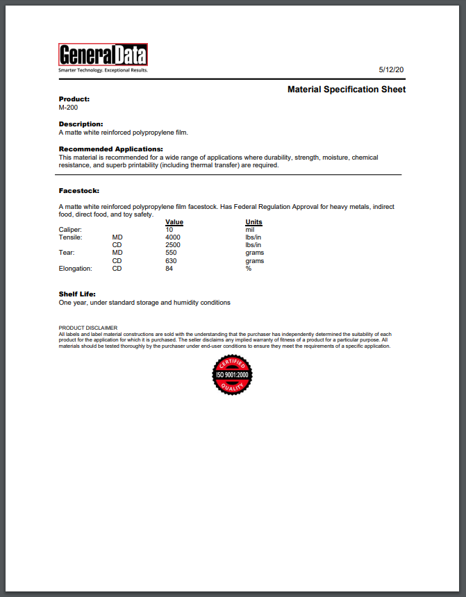M-200 Material Specification Sheet