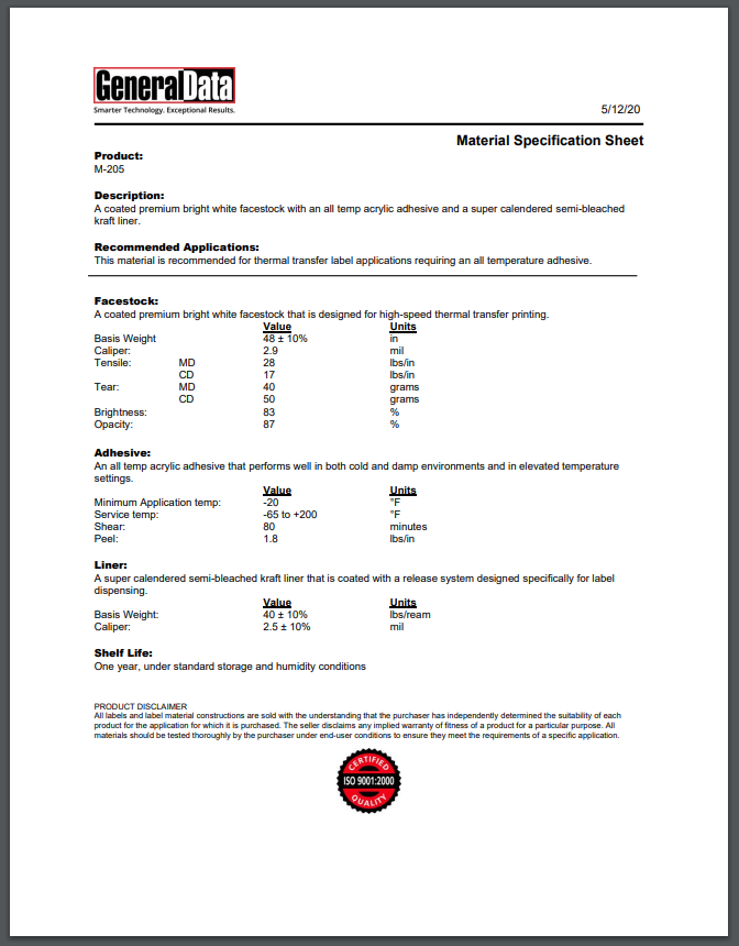 M-205 Material Specification Sheet