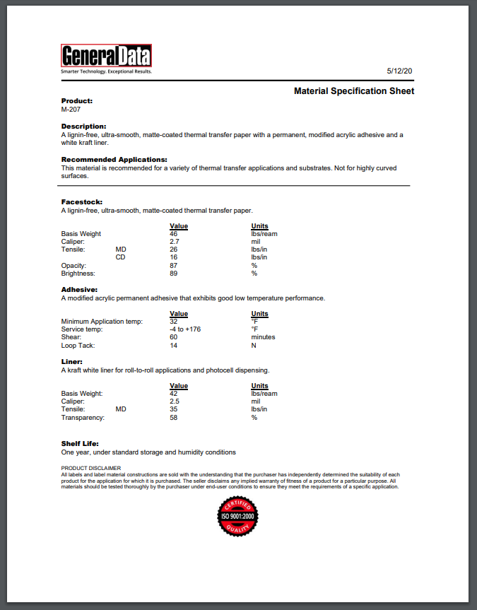 M-207 Material Specification Sheet