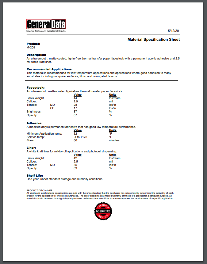 M-208 Material Specification Sheet