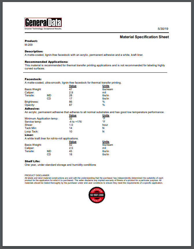M-209 Material Specification Sheet