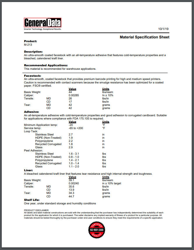 M-213 Material Specification Sheet