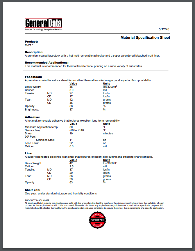 M-217 Material Specification Sheet