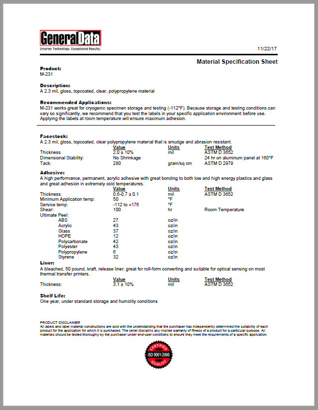 M-231 Material Specification Sheet