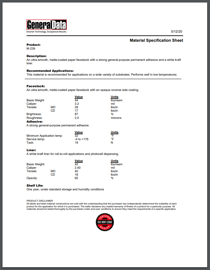 M-239 Material Specification Sheet