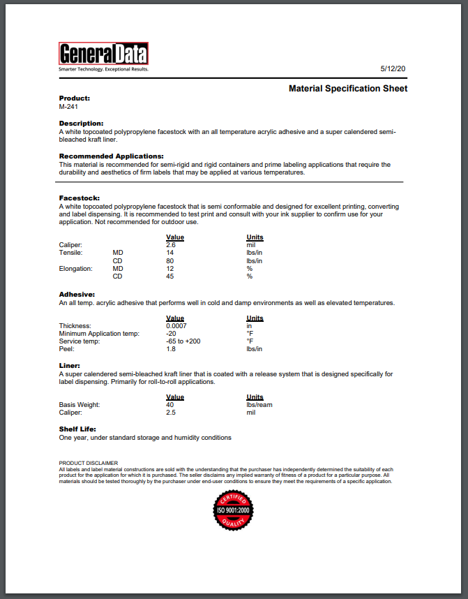 M-241 Material Specification Sheet