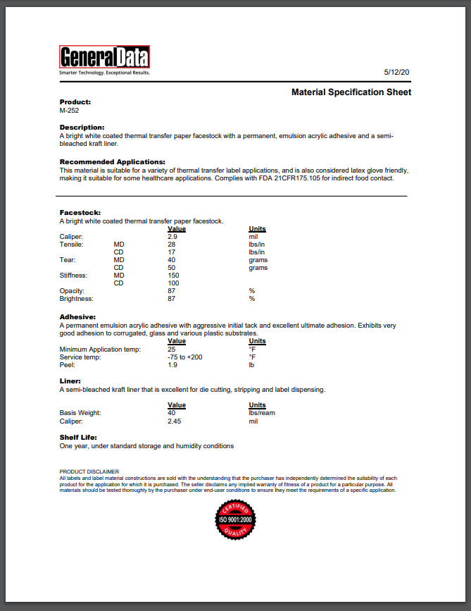 M-252 Material Specification Sheet