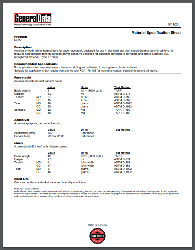 M-256 Material Specification Sheet