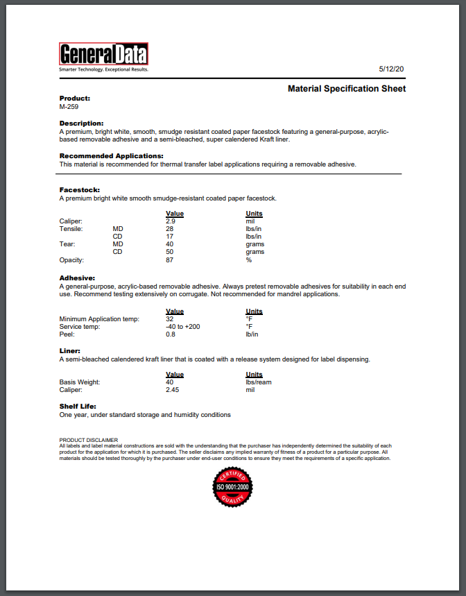 M-259 Material Specification Sheet