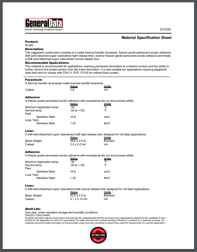 M-260 Material Specification Sheet