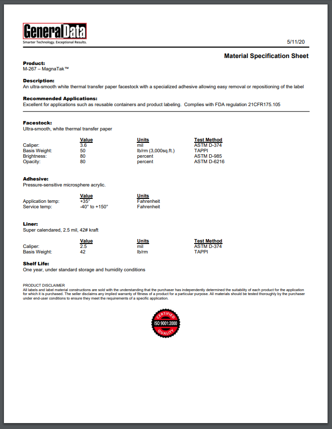 M-267 Material Specification Sheet