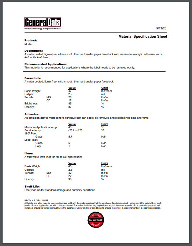 M-269 Material Specification Sheet
