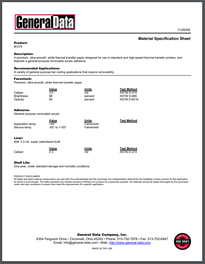 M-279 Material Specification Sheet