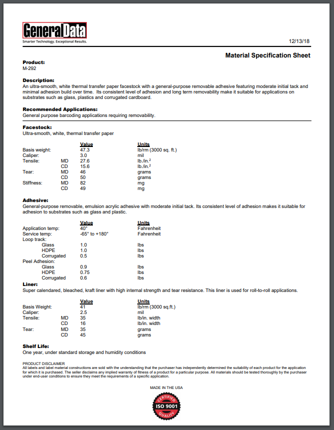 M-292 Material Specification Sheet