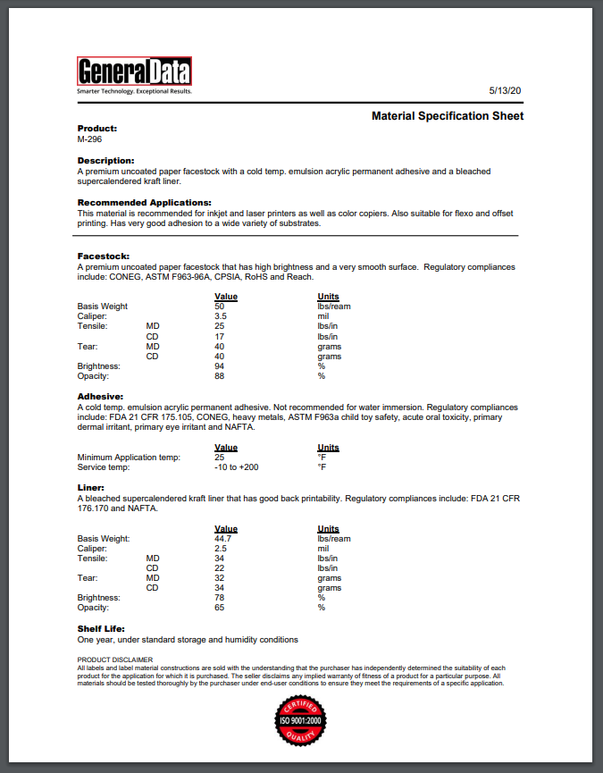 M-296 Material Specification Sheet