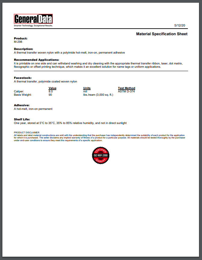 M-298 Material Specification Sheet