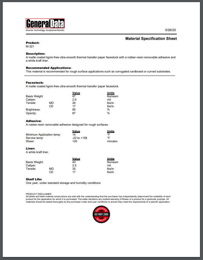 M-321 Material Specification Sheet