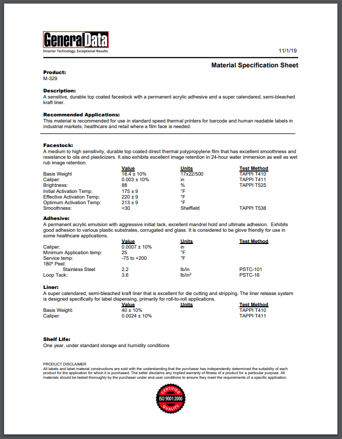 M-329 Material Specification Sheet
