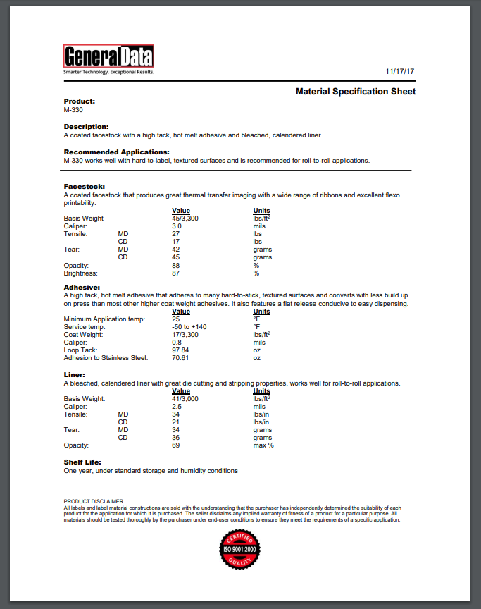 M-330 Material Specification Sheet