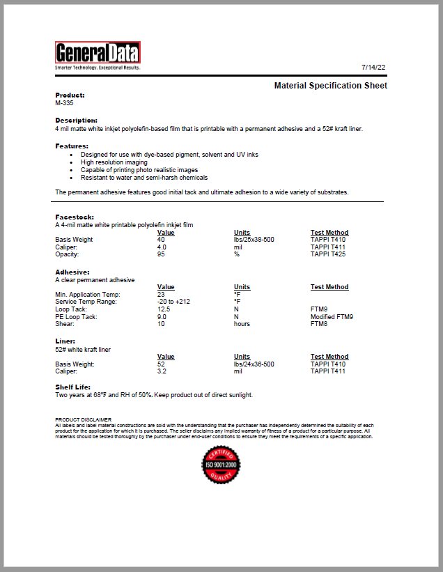 M-335 Material Specification Sheet