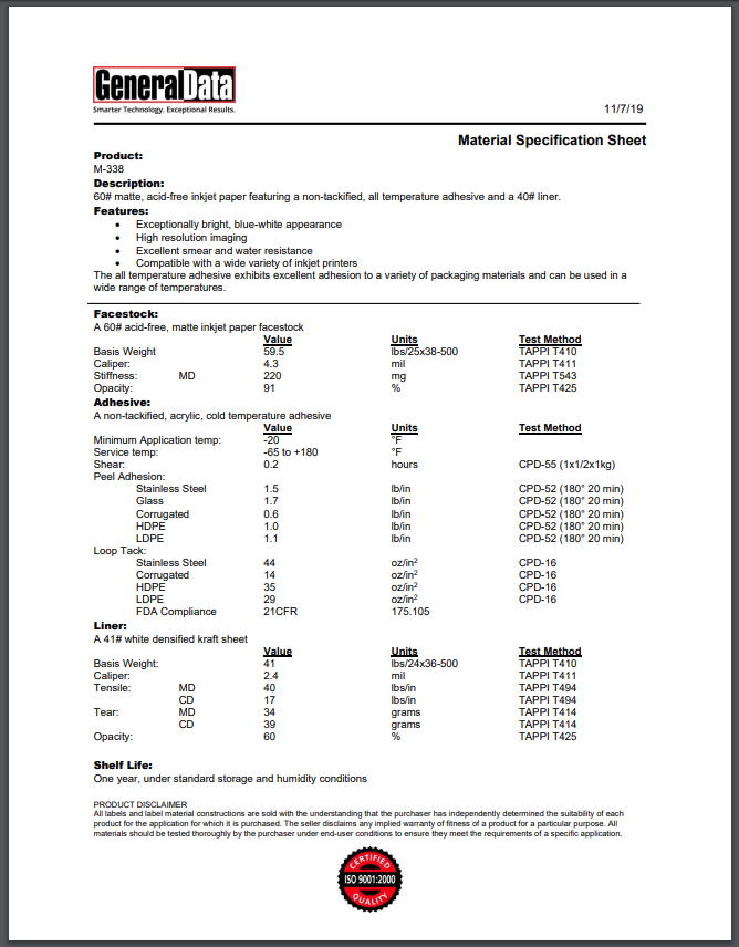 M-338 Material Specification Sheet