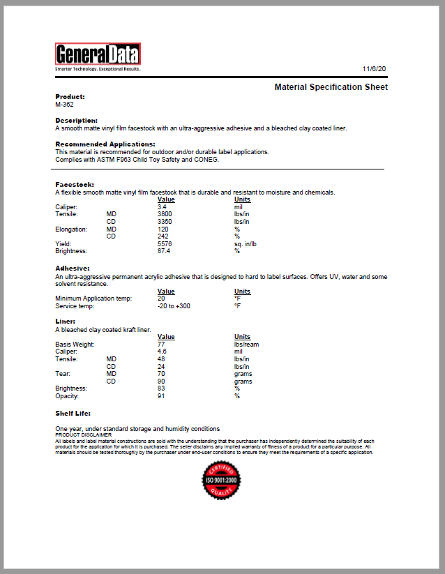 M-362 Material Specification Sheet